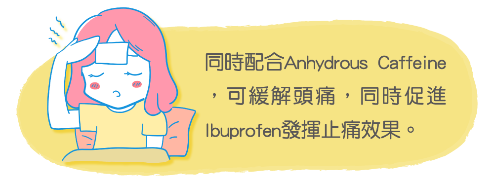 同時配合Anhydrous Caffeine，可緩解頭痛，同時促進Ibuprofen發揮止痛效果。