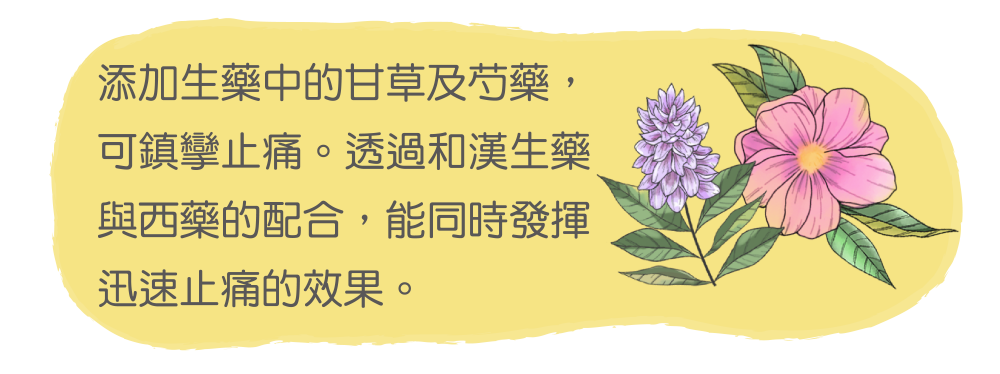 添加生藥中的甘草及芍藥，可鎮攣止痛。透過和漢生藥與西藥的配合，能同時發揮迅速止痛的效果。