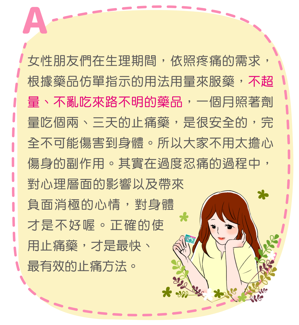 女性朋友們在生理期間，依照疼痛的需求，根據藥品仿單指示的用法用量來服藥，不超量、不亂吃來路不明的藥品，一個月照著劑量吃個兩、三天的止痛藥，是很安全的，完全不可能傷害到身體。所以大家不用太擔心傷身的副作用。其實在過度忍痛的過程中，對心理層面的影響以及帶來負面消極的心情，對身體才是不好喔。正確的使用止痛藥，才是最快、最有效的止痛方法。