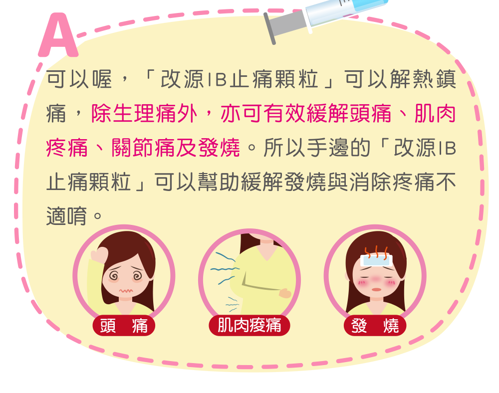 可以喔，「改源IB止痛顆粒」可以解熱鎮痛，除生理痛外，亦可有效緩解頭痛、肌肉疼痛、關節痛及發燒。所以手邊的「改源IB止痛顆粒」可以幫助緩解發燒與消除疼痛不適唷。