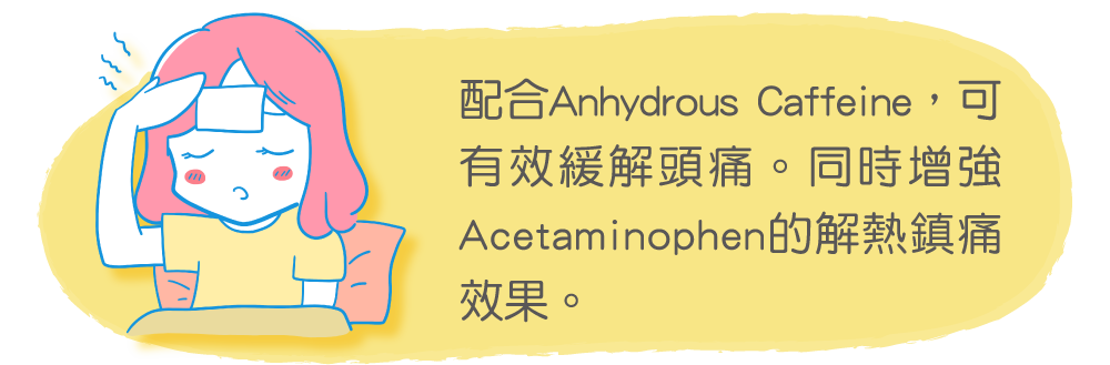 配合Anhydrous Caffeine，可有效緩解頭痛。同時增強Acetaminophen的解熱鎮痛效果。