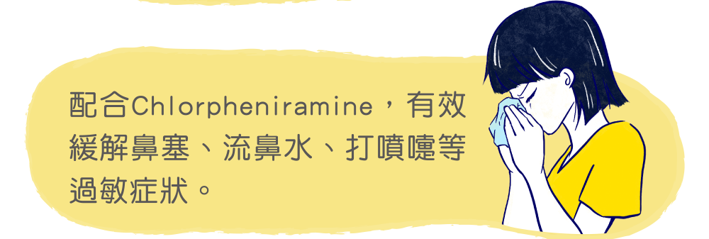 配合Chlorpheniramine，有效緩解鼻塞、流鼻水、打噴嚏等過敏症狀。