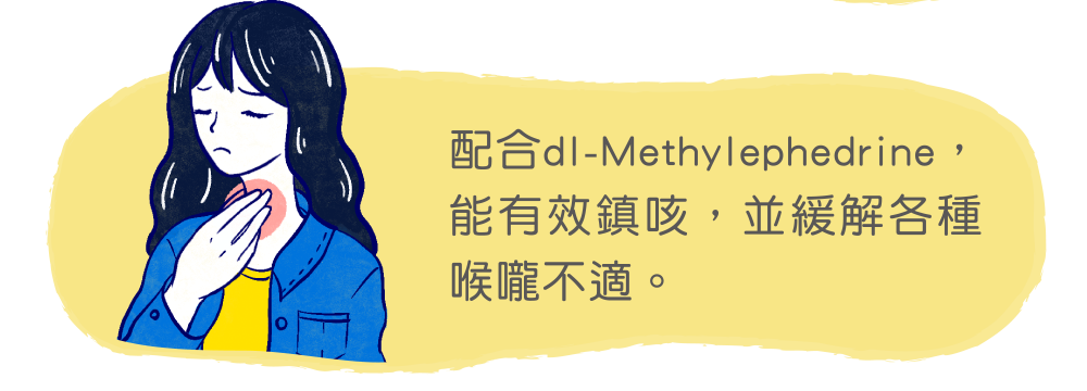 配合dl-Methylephedrine，能有效鎮咳，並緩解各種喉嚨不適。