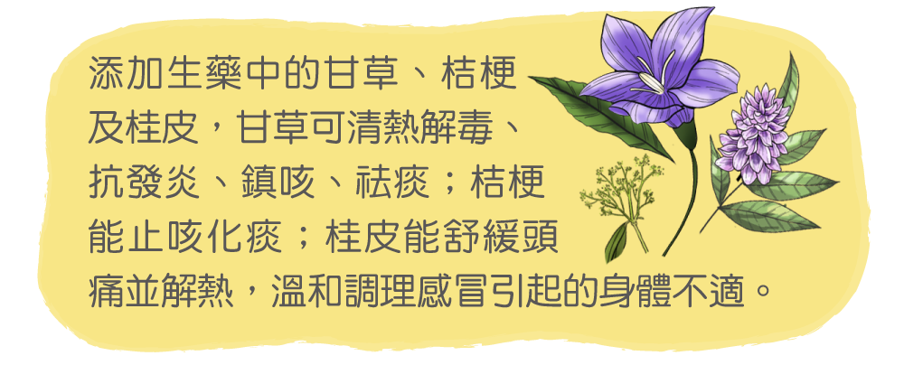 添加生藥中的甘草、桔梗及桂皮，甘草可清熱解毒、抗發炎、鎮咳、祛痰；桔梗能止咳化痰；桂皮能舒緩頭痛並解熱，溫和調理感冒引起的身體不適。