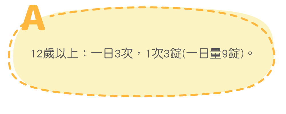12歲以上：一日3次，1次3錠(一日量9錠)。